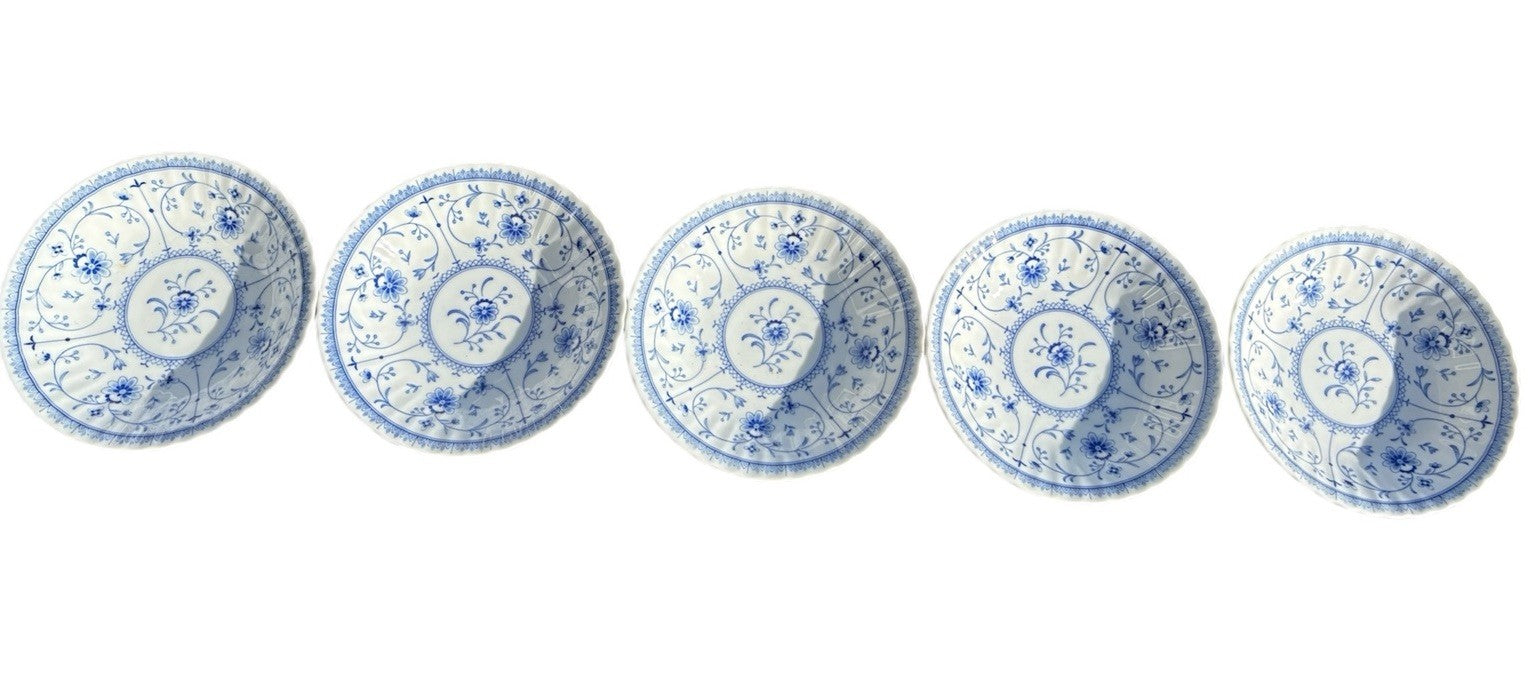 Vintage Japanese Blue White Porcelain Bowls European Love T.H. Japan Set of 5