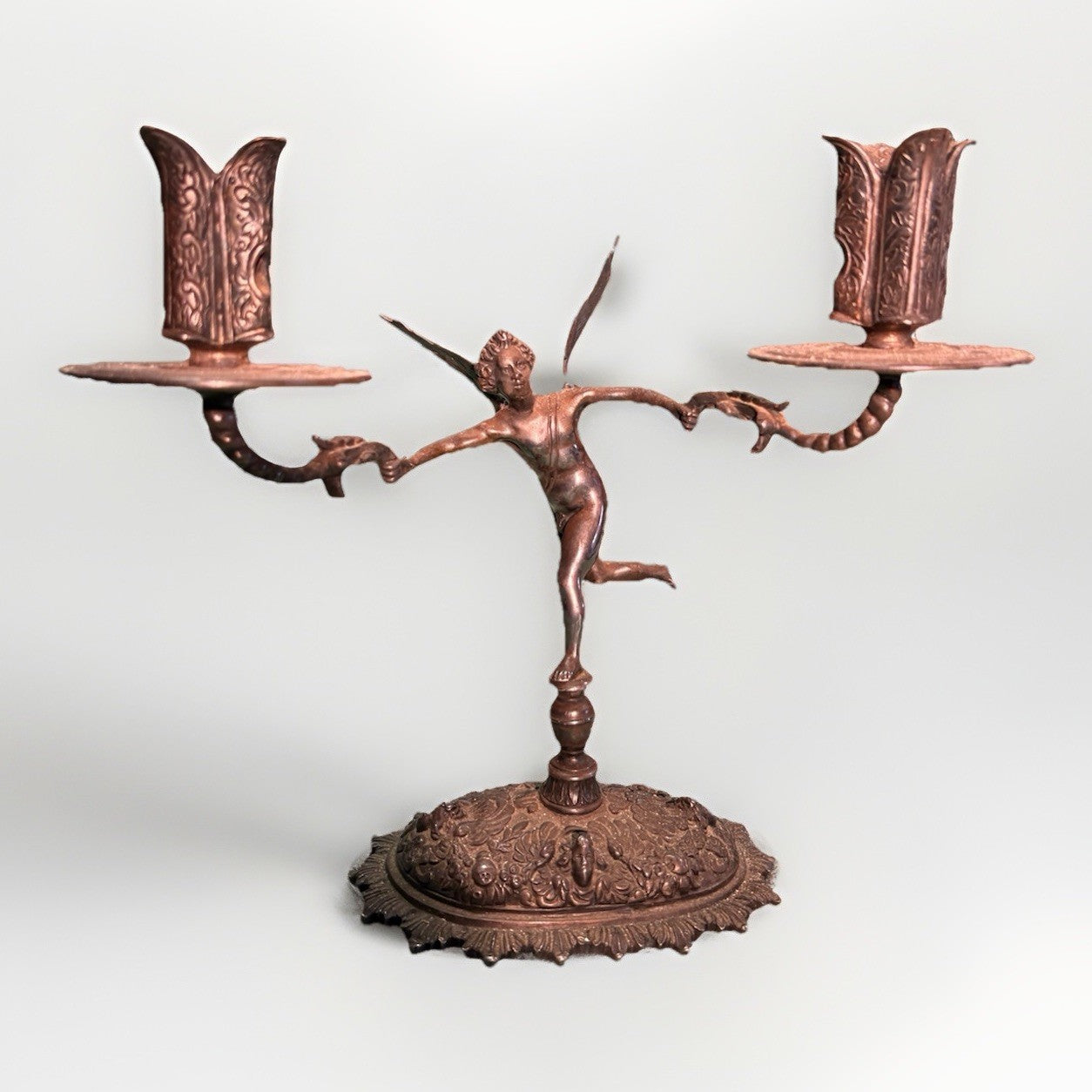 French Bronze Cherub Candle Holder – Art Nouveau Winged Putto Candelabra
