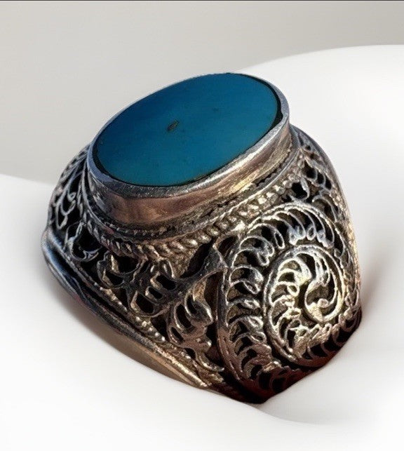Bold Sterling Silver Turquoise Filigree Statement Ring Vintage Artisan Size 9