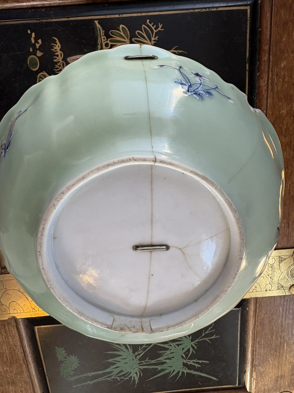 Antique Chinese Celadon Porcelain Bowl Qing Dynasty Blue White Enamel 1720/1760