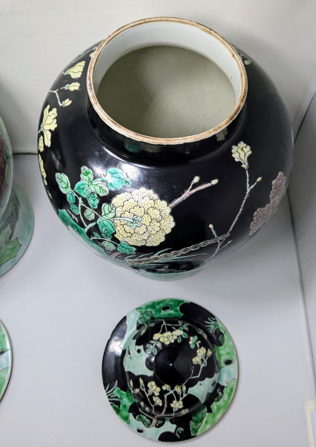Pair Antique Chinese Famille Noire porcelain Lidded Jars-kangxi Mark Qing Black