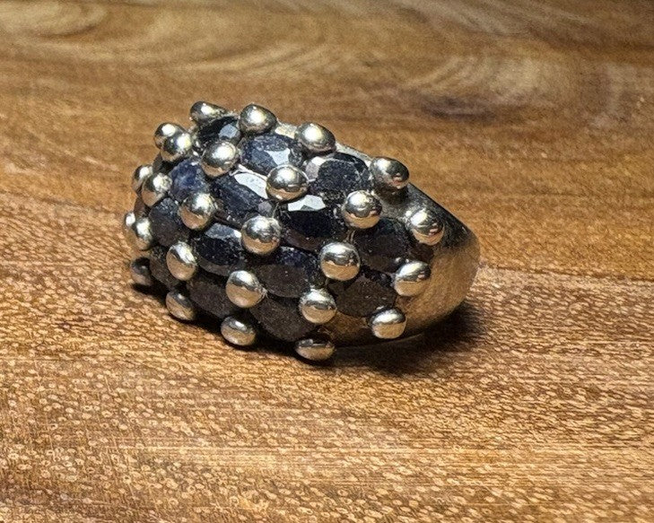 Vintage Italian 925 Sterling Silver Dome Cluster Ring with Blue Sapphire Sz 5 7g