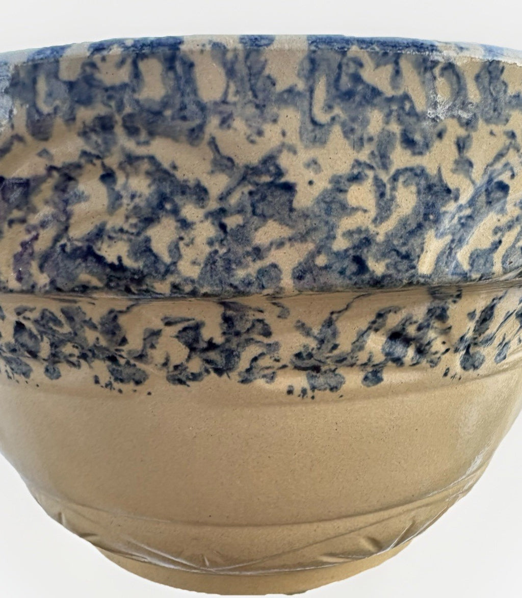 Vintage RRP Roseville Ohio 12” Blue Spongeware Stoneware Mixing Bowl USA