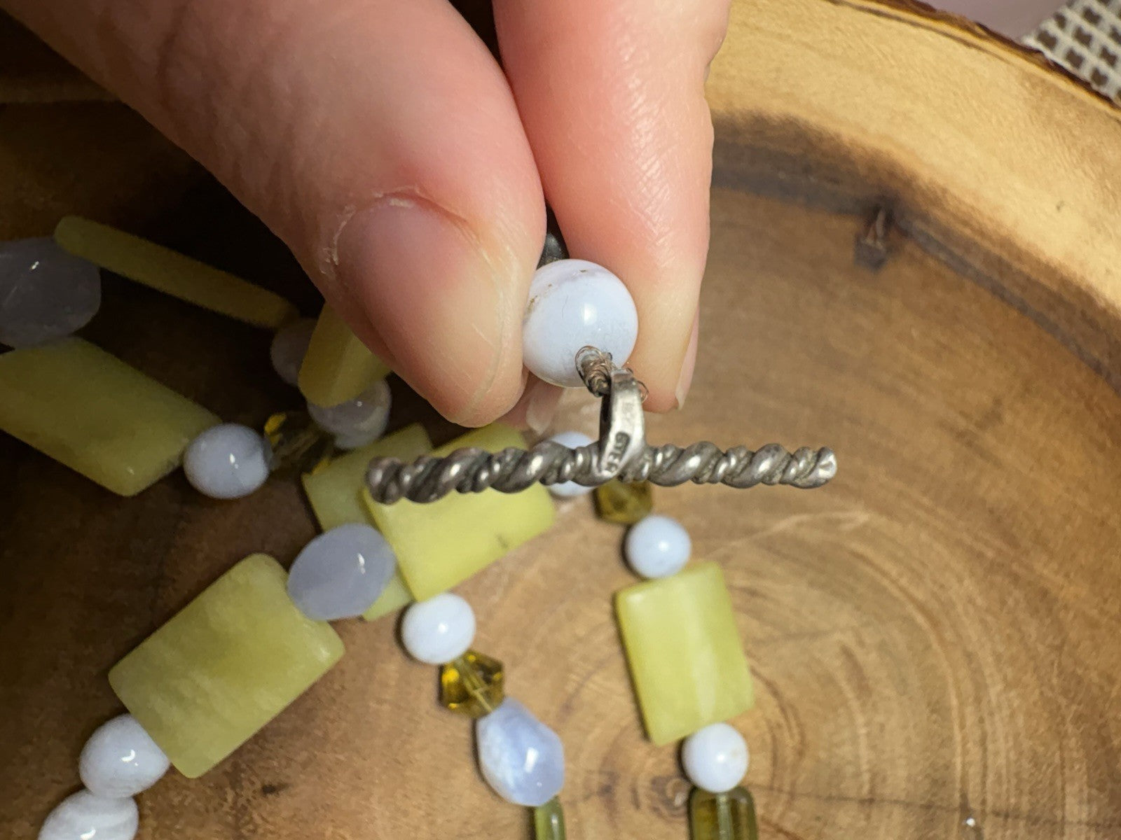 17” Beaded Necklace Yellow Stone, Blue Chalcedony & Sterling Silver Toggle