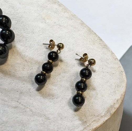 VTG Hematite Necklace & Earrings Set Solid 14K Gold Beads Posts 32”
