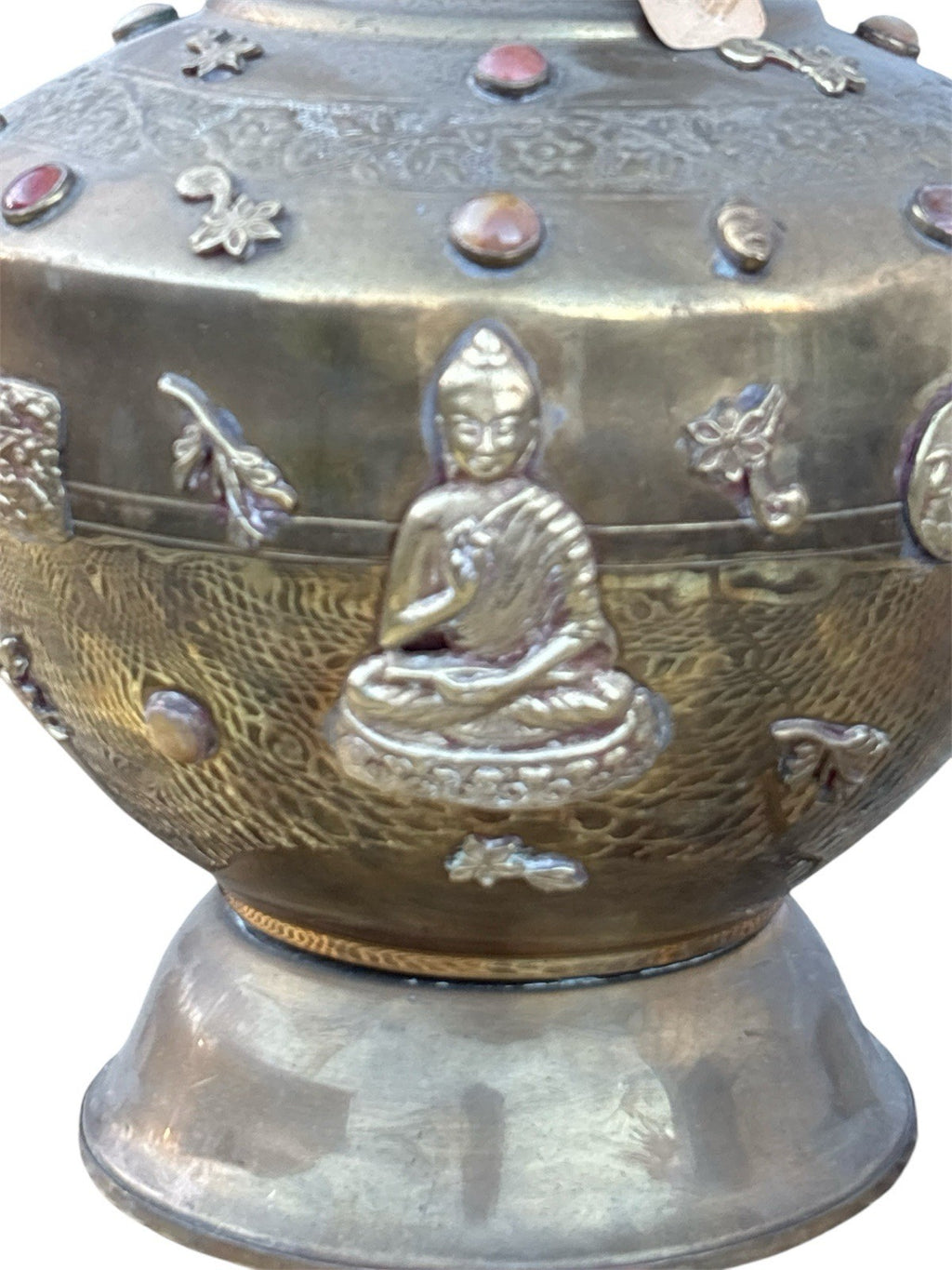 Pair Antique Tibetan Buddhist India Brass Urn/Lamps Stones Buddha Ganesh