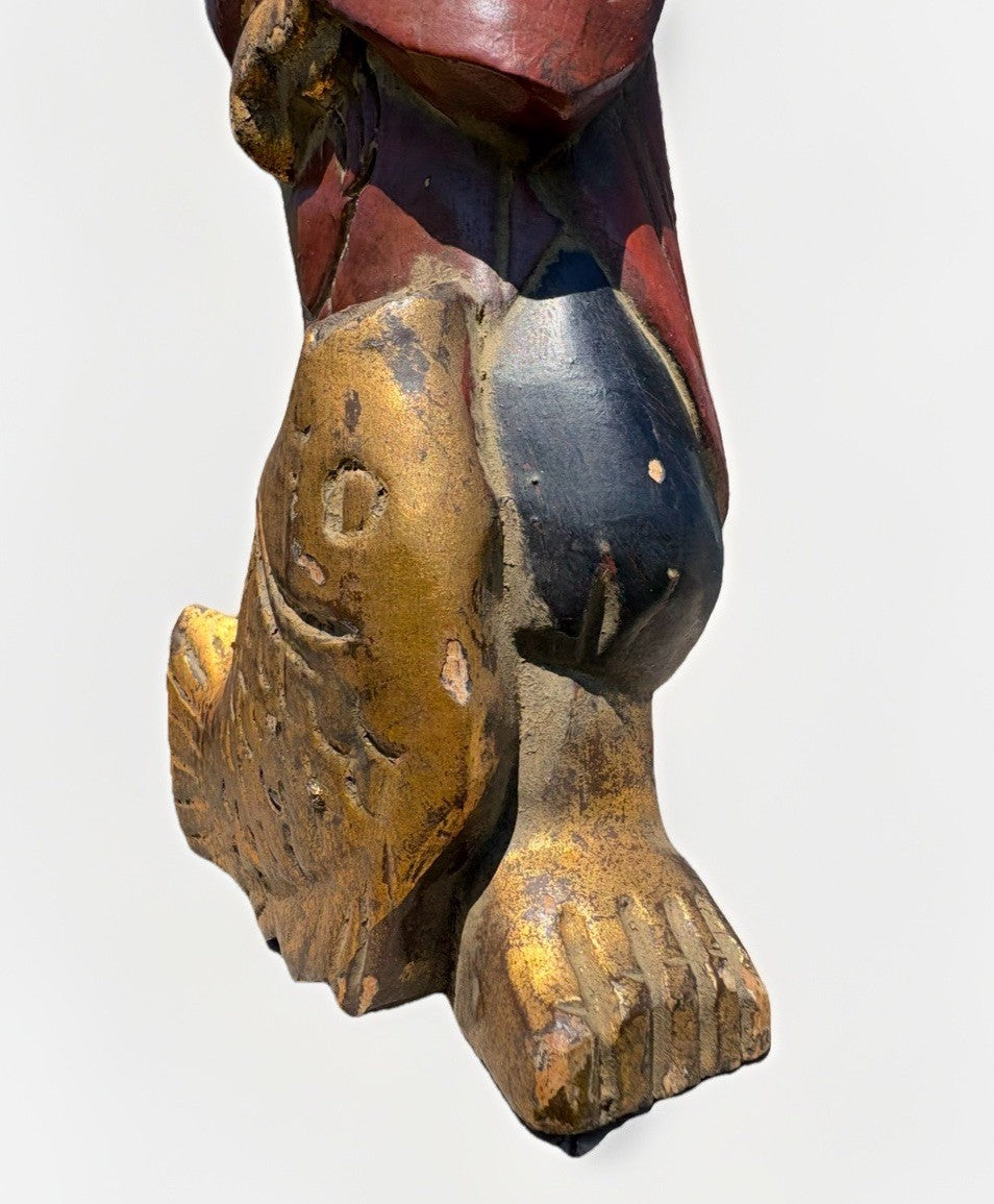 Antique Japanese Ebisu Fisherman Wood Carving Statue Folk Art Figure