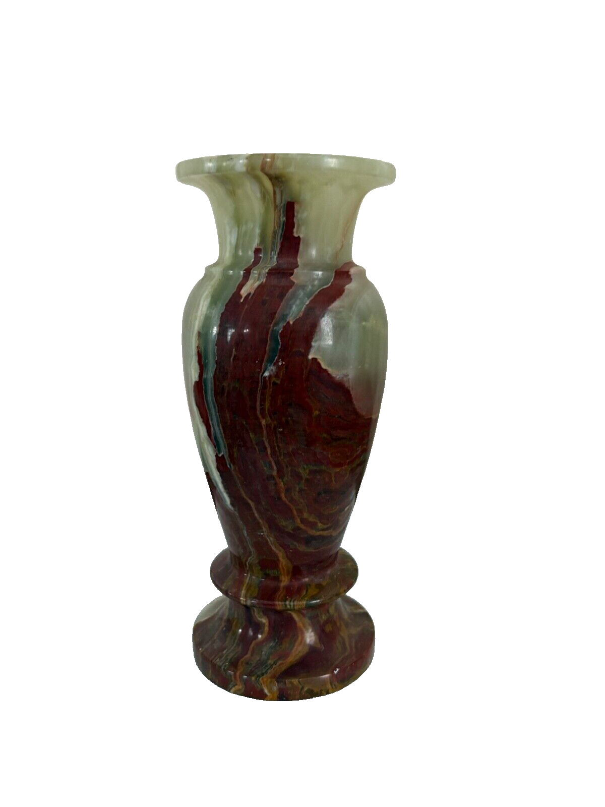 Vintage Green Onyx Stone Vase 9” Shades of Brown Cream & Green