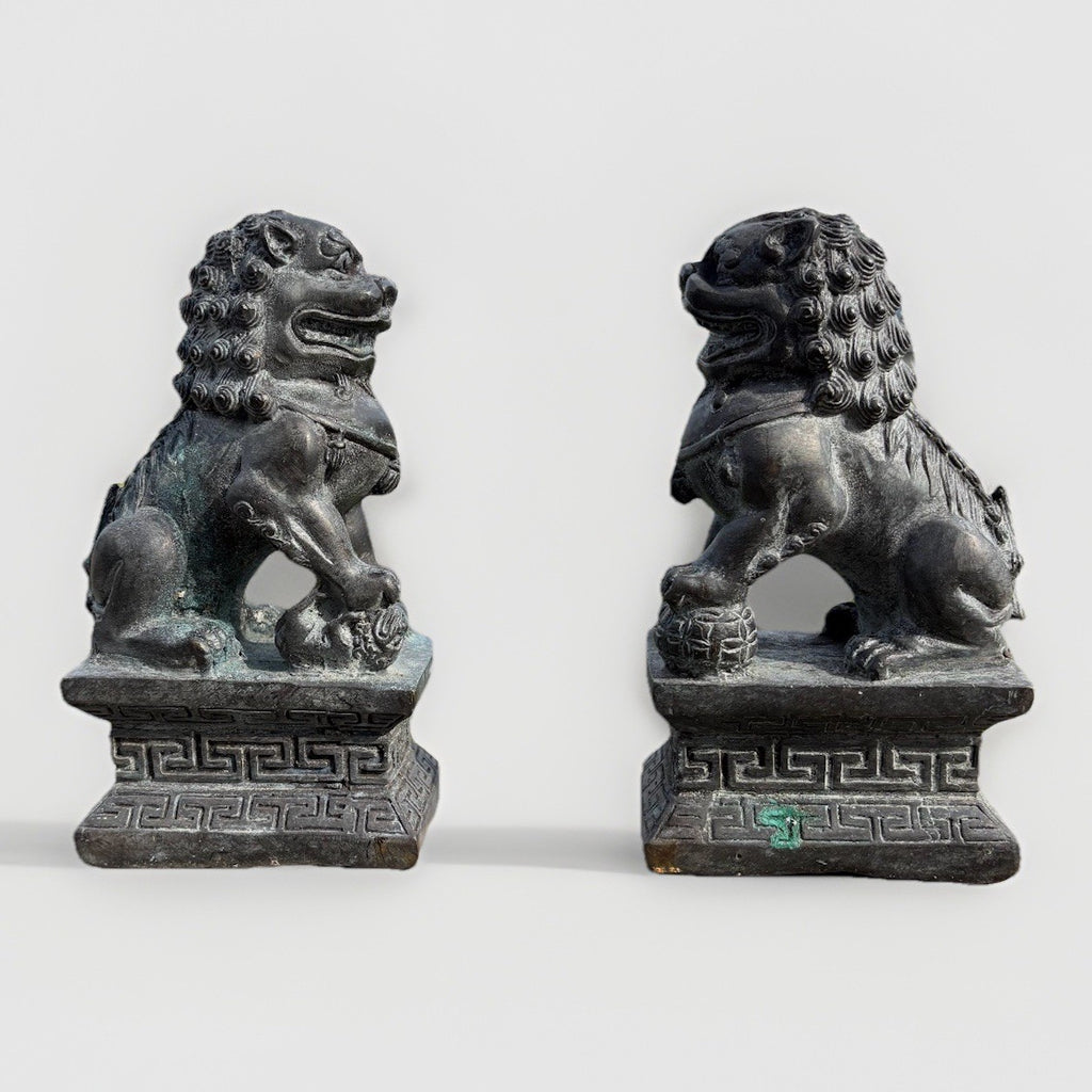 Vintage Chinese Foo Dog Guardian Lion Pair Bronze Brass Statue Feng Shui