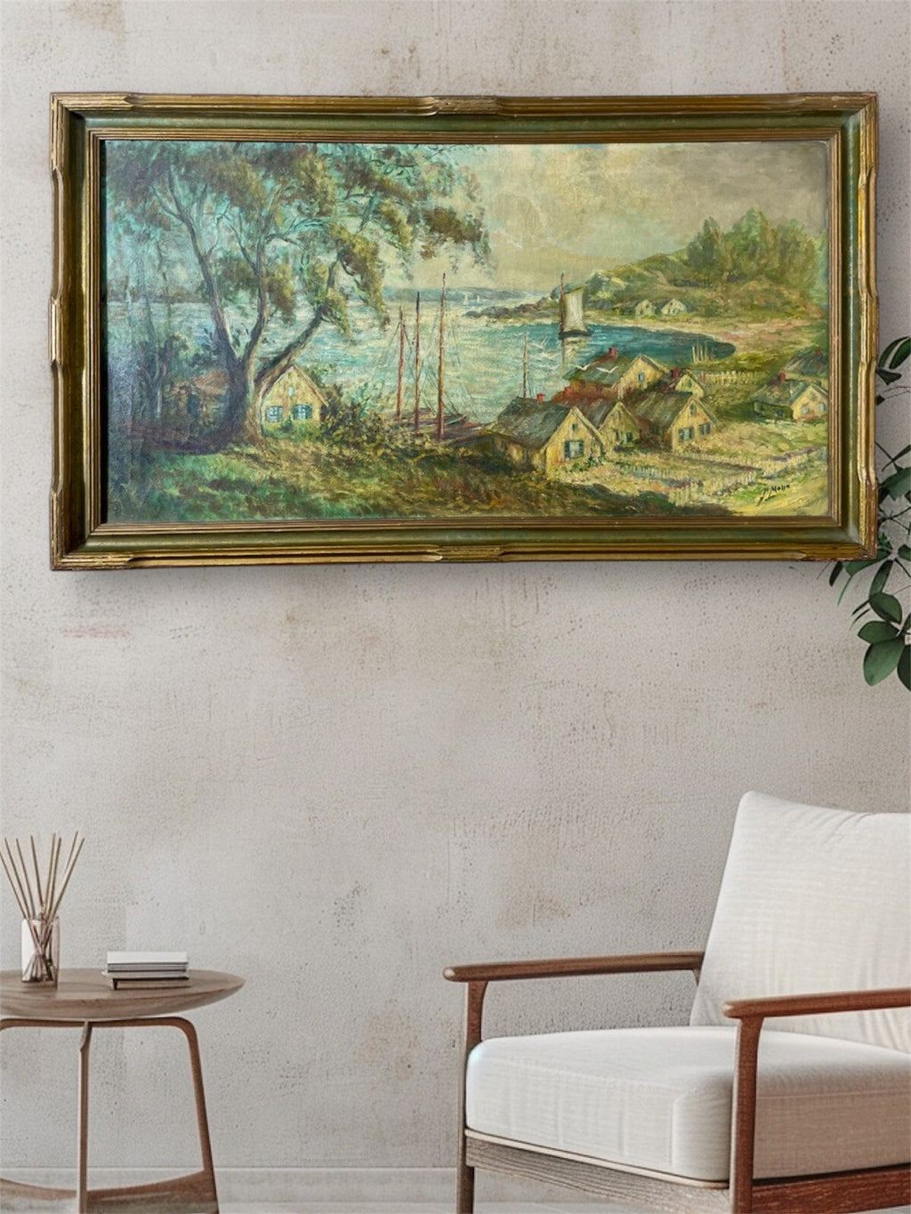 HARRY MELIN Fisherman Village With Sailboats in oil on canvas37” X 22”