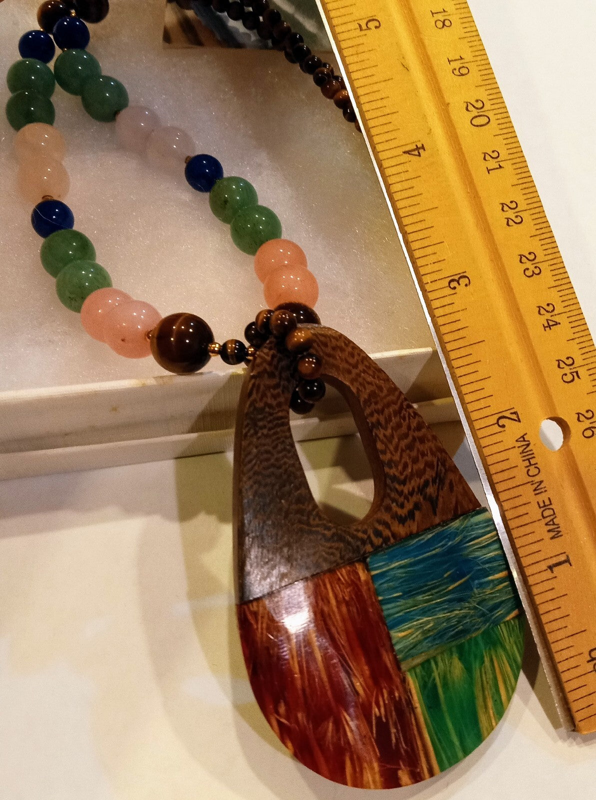 multigemstone Bohemian necklace with wood pendant