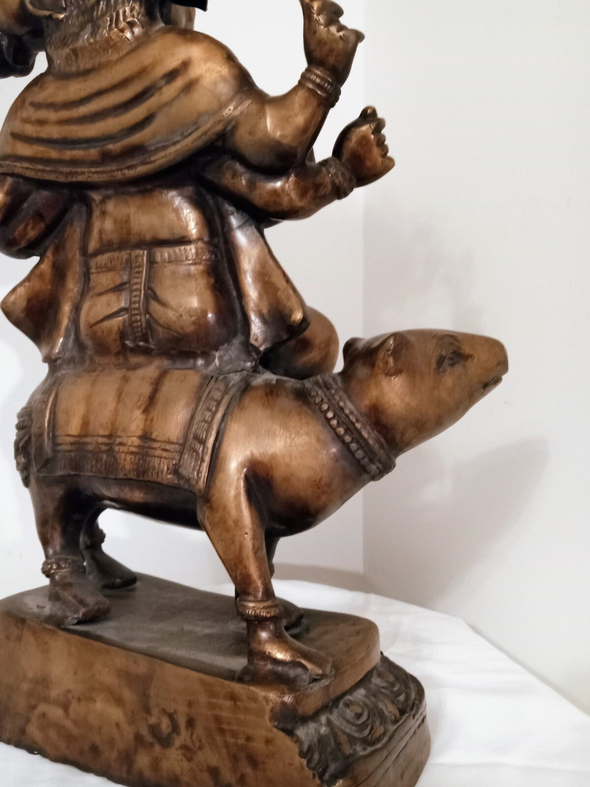 Antique Bronze 22” Three-Headed Ganesha Hindu Statue – Vighnaharta Riding Mouse