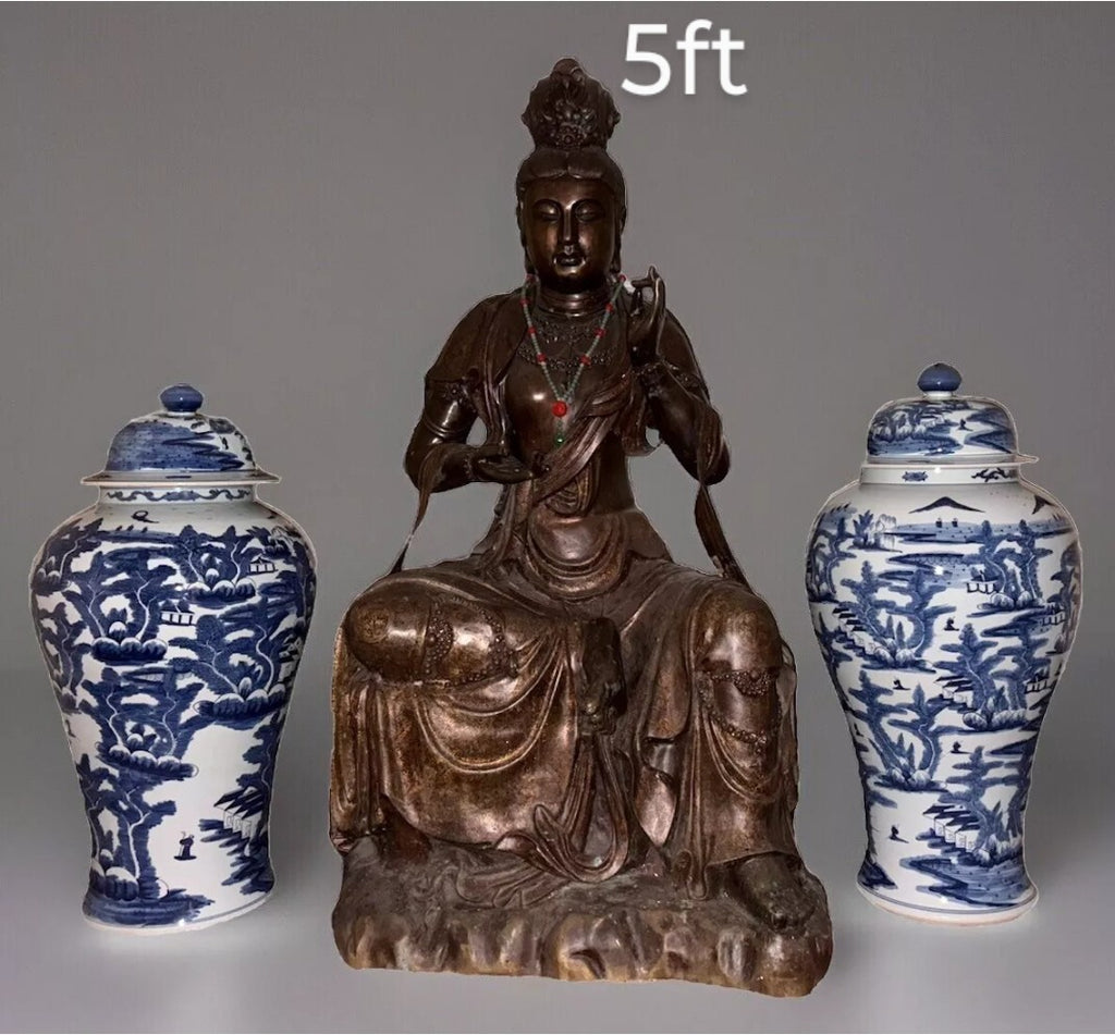 Pair Chinese Blue White Porcelain Temple Jars Lidded Landscape Qing Style Large