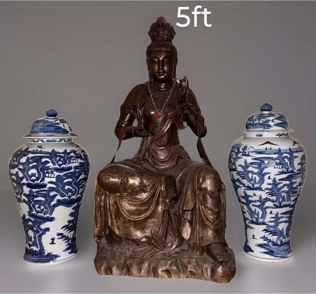 Pair Chinese Blue White Porcelain Temple Jars Lidded Landscape Qing Style Large