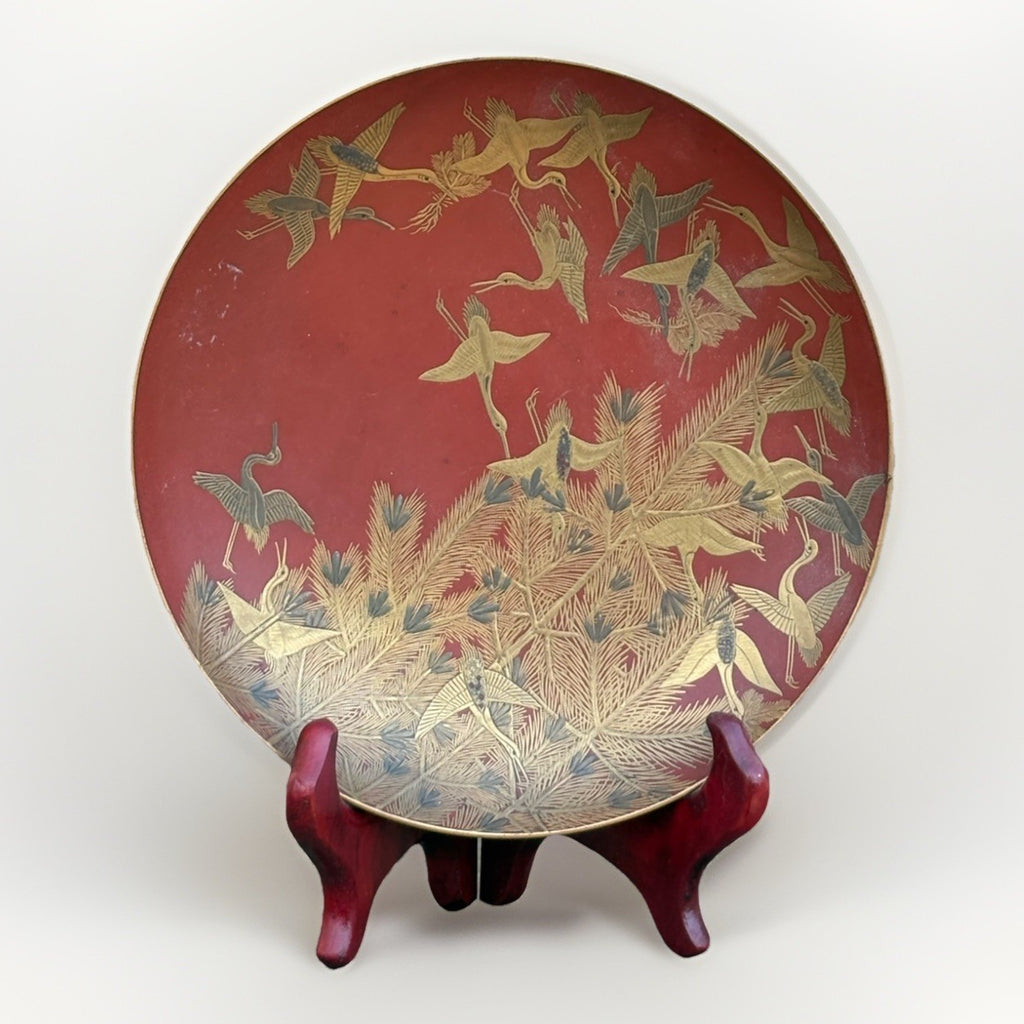 Antique Japanese Red Lacquer Plate Gold Cranes Pine Maki-e Meiji Style 8”