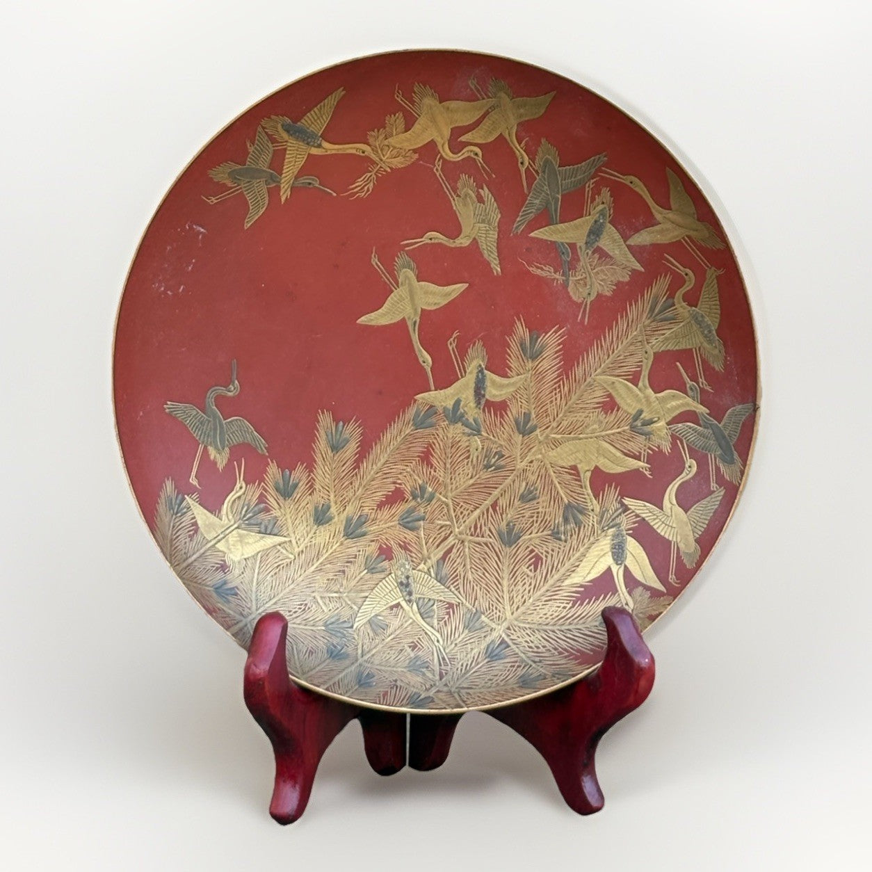 Antique Japanese Red Lacquer Plate Gold Cranes Pine Maki-e Meiji Style 8”
