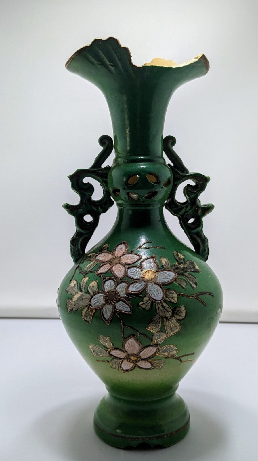 Vintage Japanese Satsuma-Style Hand Painted Vase – Green Glaze & Gold Gilding