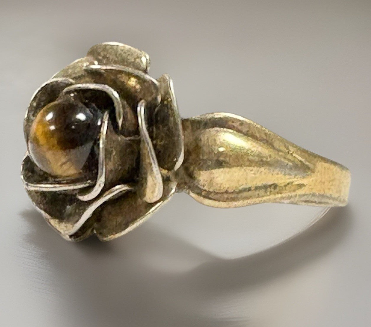 Sterling Silver Tiger’s Eye Rose Ring – Floral Statement Ring Size 6.5