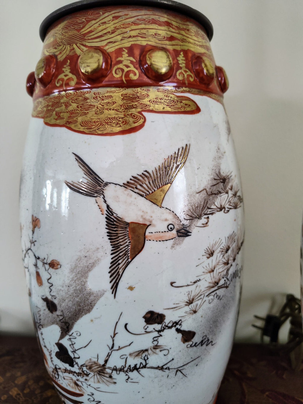 Pair Meiji Japanese Kutani Seizan Lamps, Gilt Birds & Cranes, Hand Painted