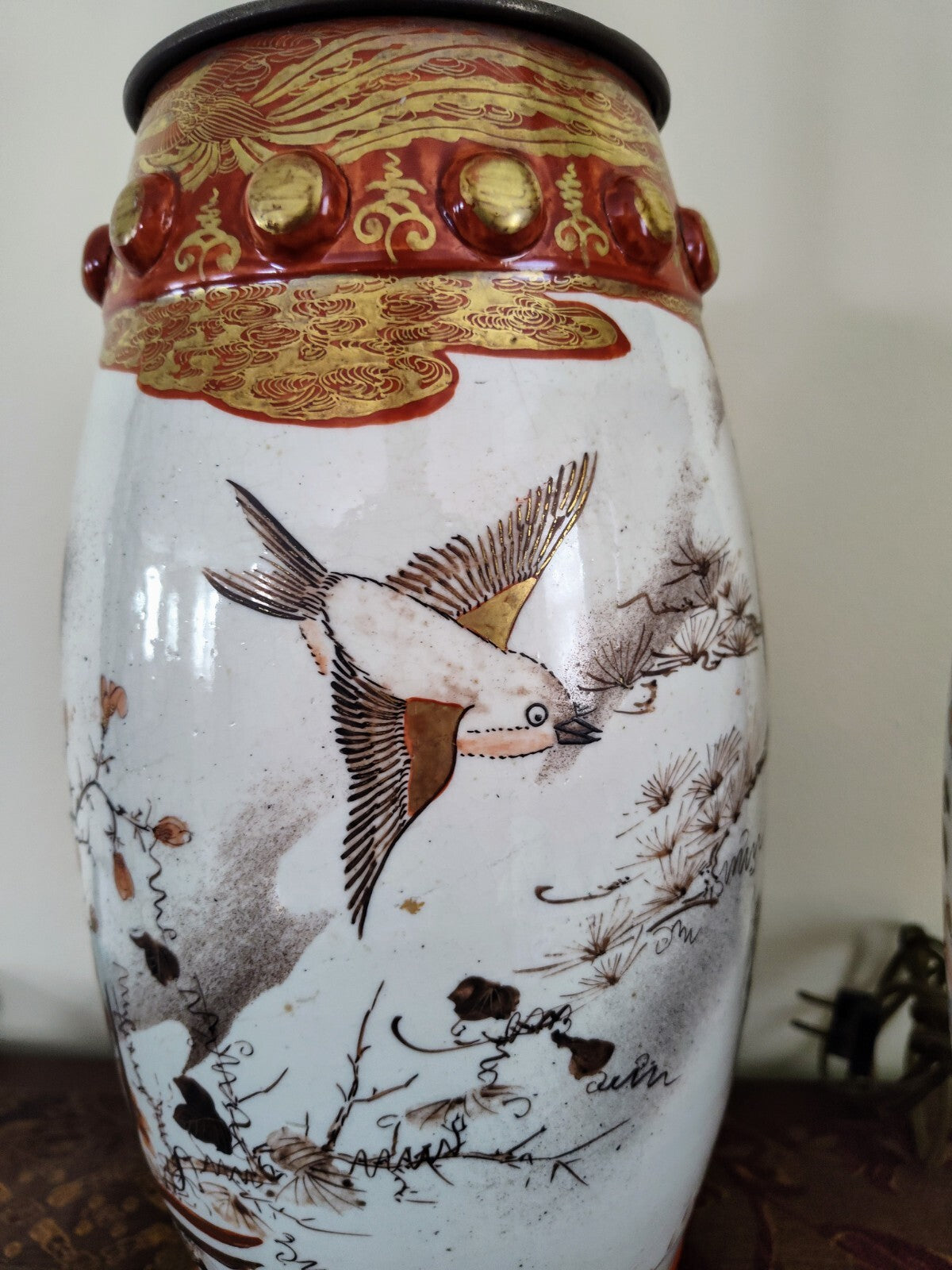 Pair Meiji Japanese Kutani Seizan Lamps, Gilt Birds & Cranes, Hand Painted