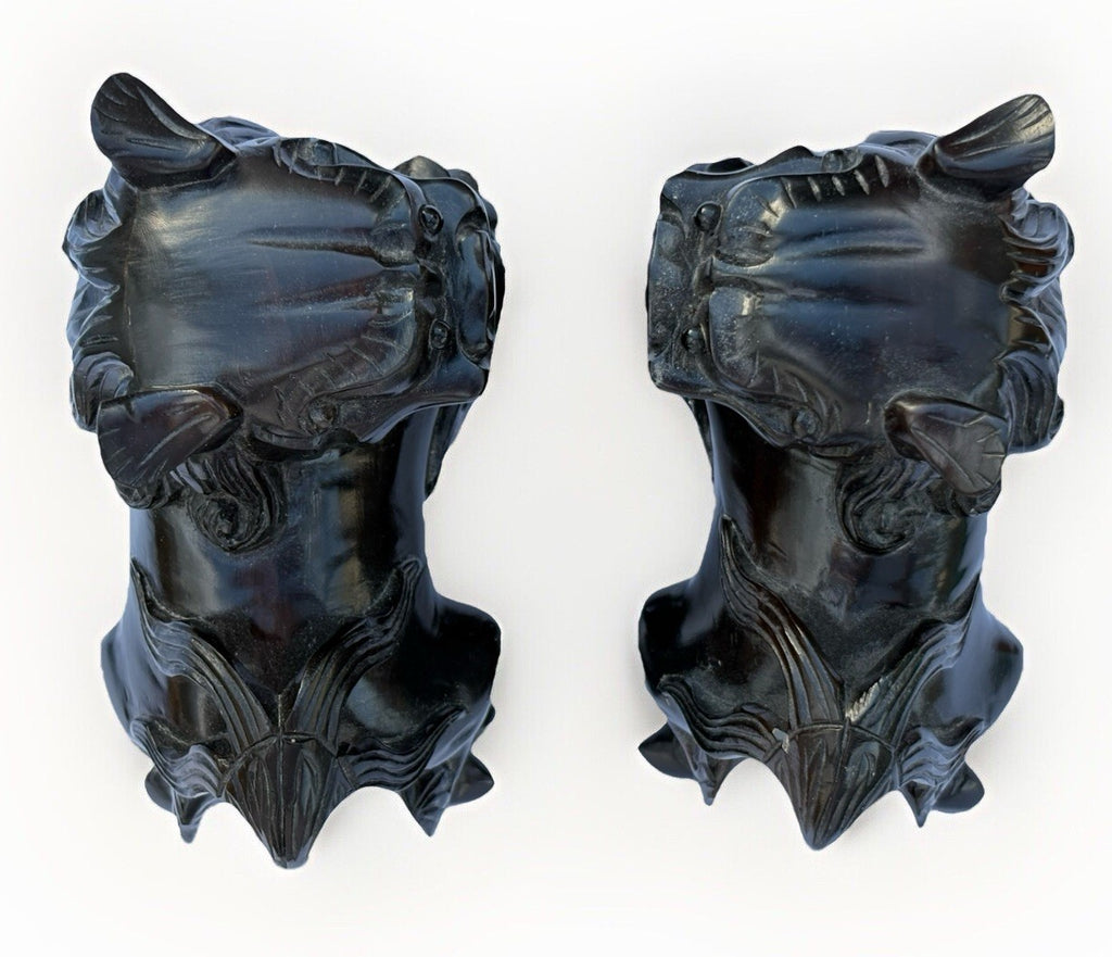 Vintage MCM Hand Wood Carved: Pair of Carved Wood Foo Dogs Pair