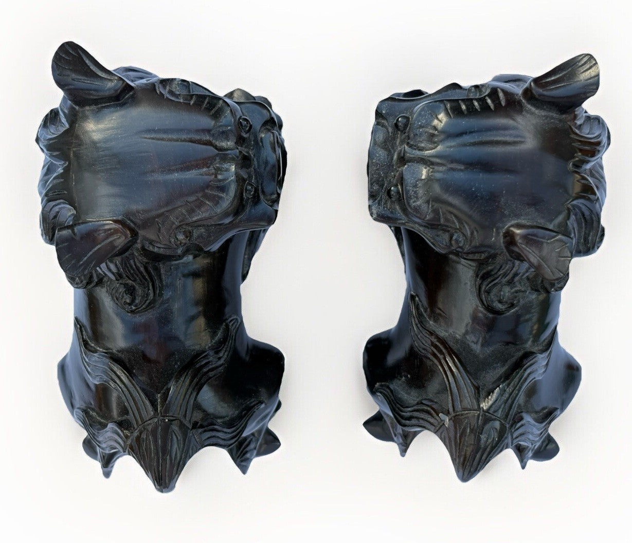 Vintage MCM Hand Wood Carved: Pair of Carved Wood Foo Dogs Pair