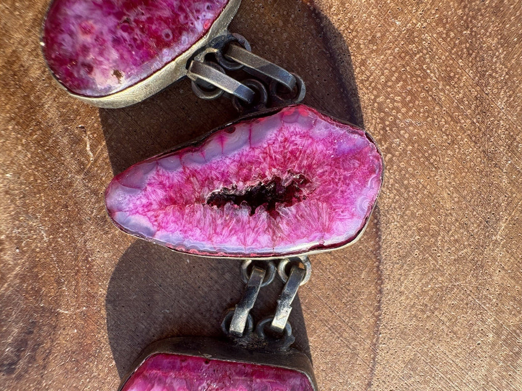 Sterling Silver Pink Druzy Geode Bracelet Artisan Organic Stone 7.25”