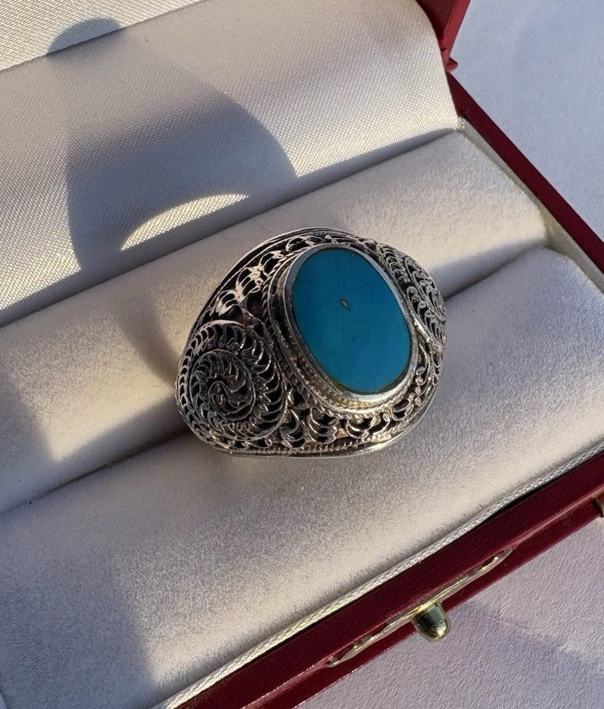 Bold Sterling Silver Turquoise Filigree Statement Ring Vintage Artisan Size 9