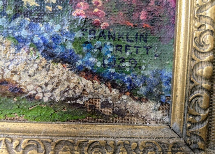 Franklin Barrett 1929 Original Oil Painting Garden Scene 42x30 Gilt Frame