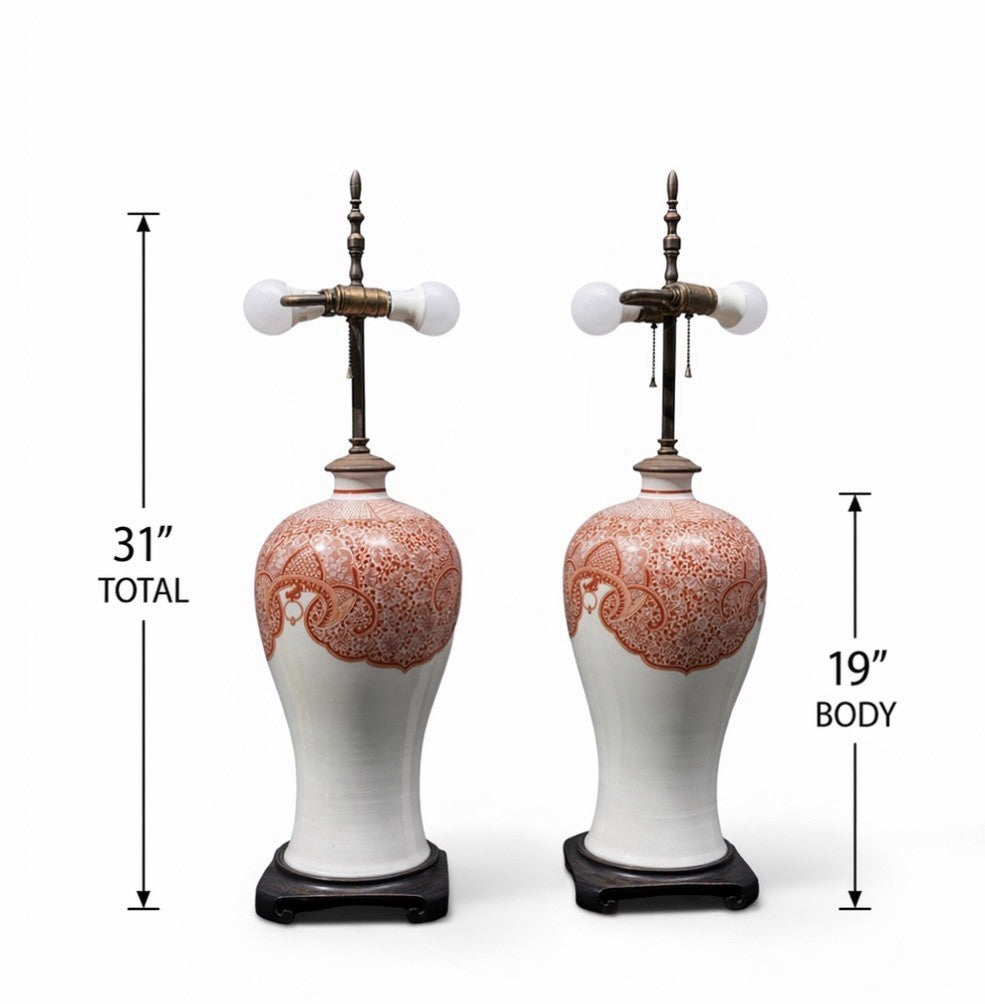Vintage Japanese Pair Porcelain Chinoiserie Lamps, Hand-Painted Red & White