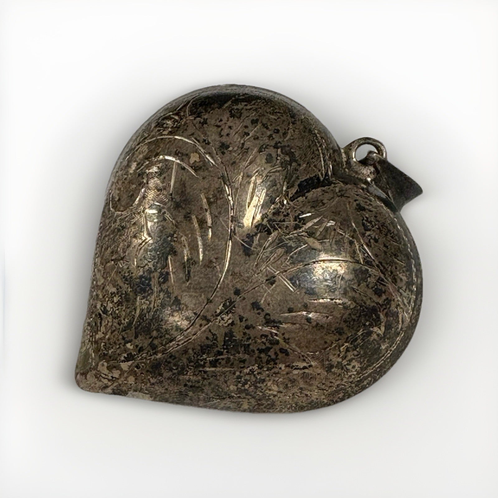 Vintage Engraved Sterling Silver Heart Pendant — Floral Etched — 15g — 2"
