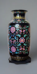 24” Chinese Large Floor Black Vase With Floral Patterns Pink Blue Green