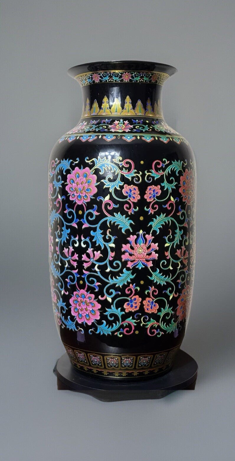 24” Chinese Large Floor Black Vase With Floral Patterns Pink Blue Green