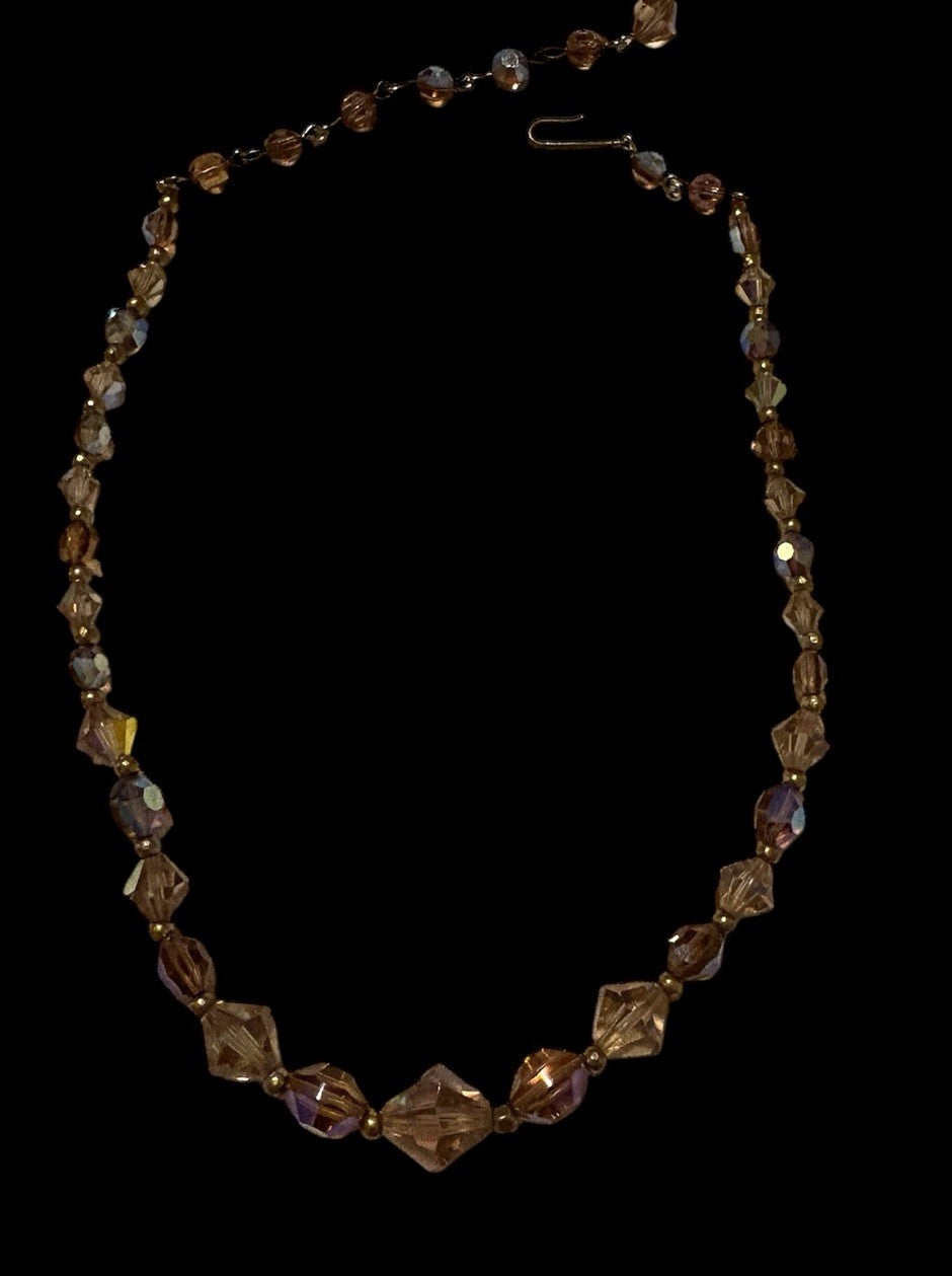 Vintage Peach AB Crystal Bead Necklace 15” Faceted Glass Choker Hook Clasp