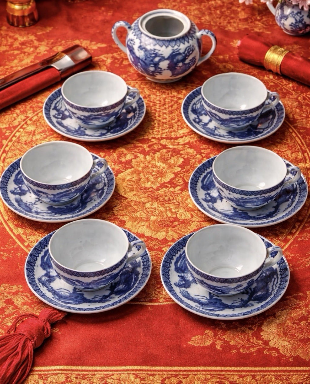 Vintage Blue & White Porcelain Dragon Tea Service – Japan