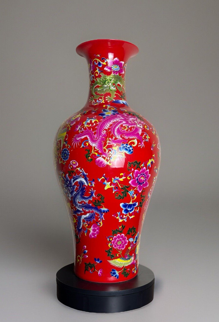 27” Chinese Large Floor Vase Dragon With Flower Scenes