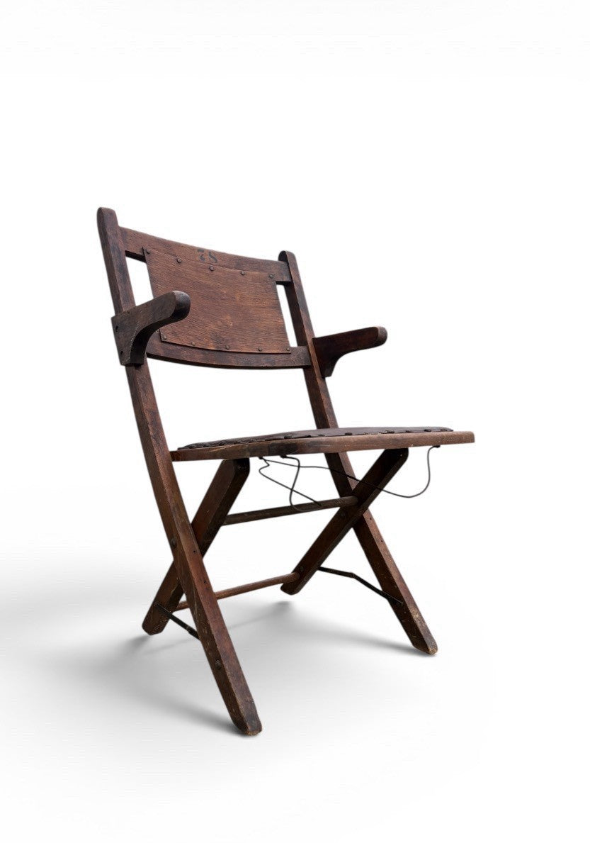 Antique Wooden Folding Chair w/ Leather Seat – Primitive Industrial Stenciled 78