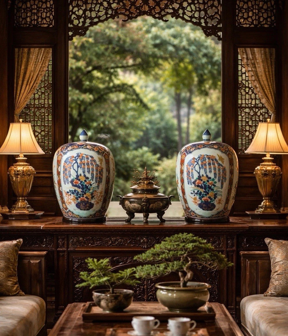 Chinese Porcelain Imari Lidded Jars Pair – Kangxi Mark Vintage Vases