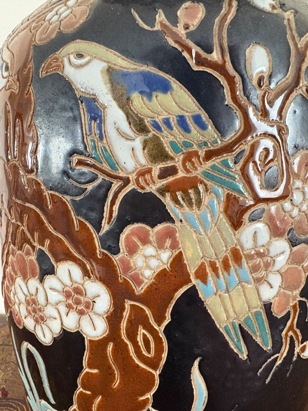 Vintage Mid Century large Asian Vase Enamel Porcelain birds Beautiful 18”