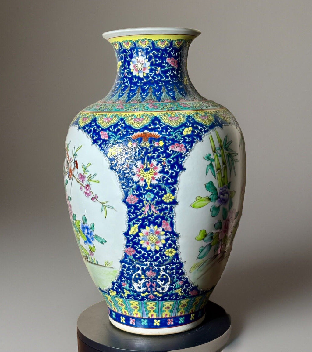 Monumental 20” Chinese Famille Rose Vase- Quilling Mark And Imperial Style-Birds