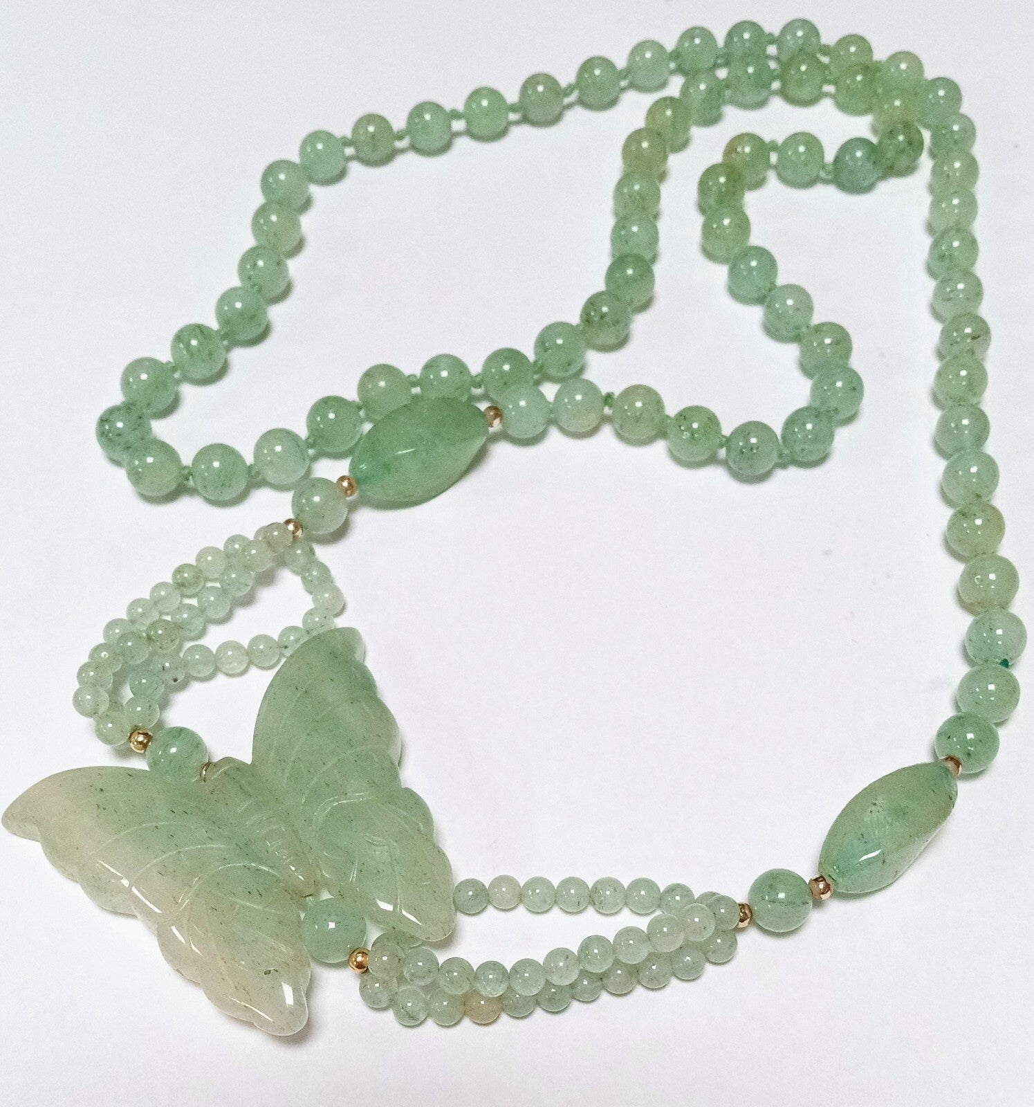 Vintage Jade Butterfly Necklace Celadon Green Beaded Asian  34”