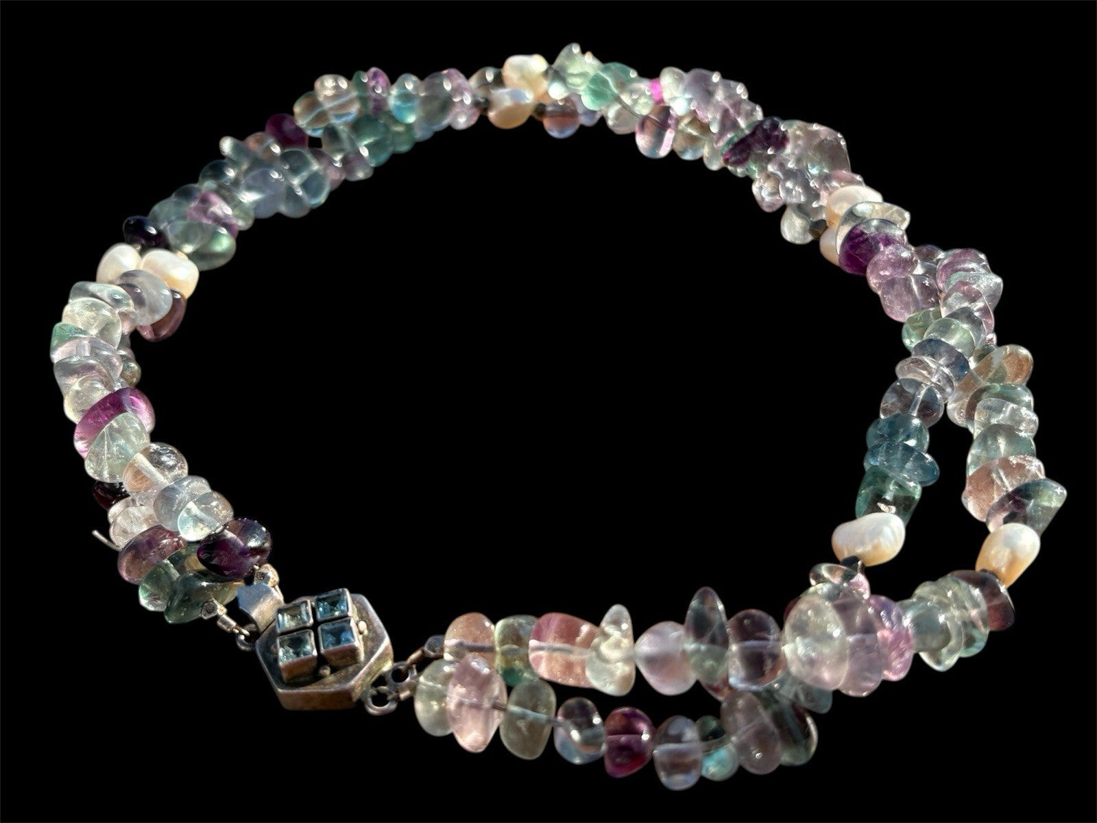 Fluorite Quartz Multi Strand Necklace Natural Gemstone Pearl Sterling Silver 16”