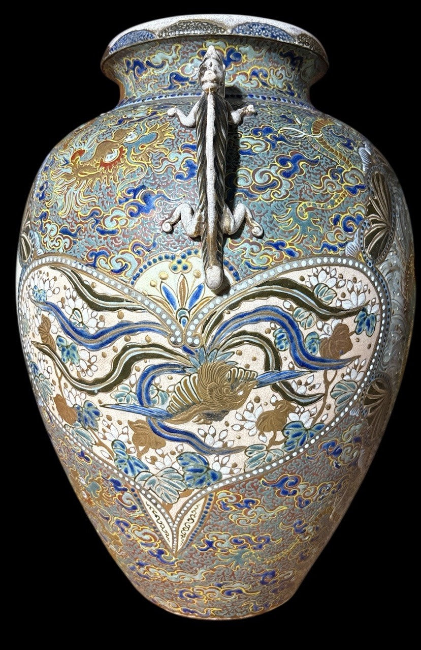 Large 1800s Satsuma Kinkozan Vase – Gilt Dragons, Phoenix, Roses, Heavy Enamel