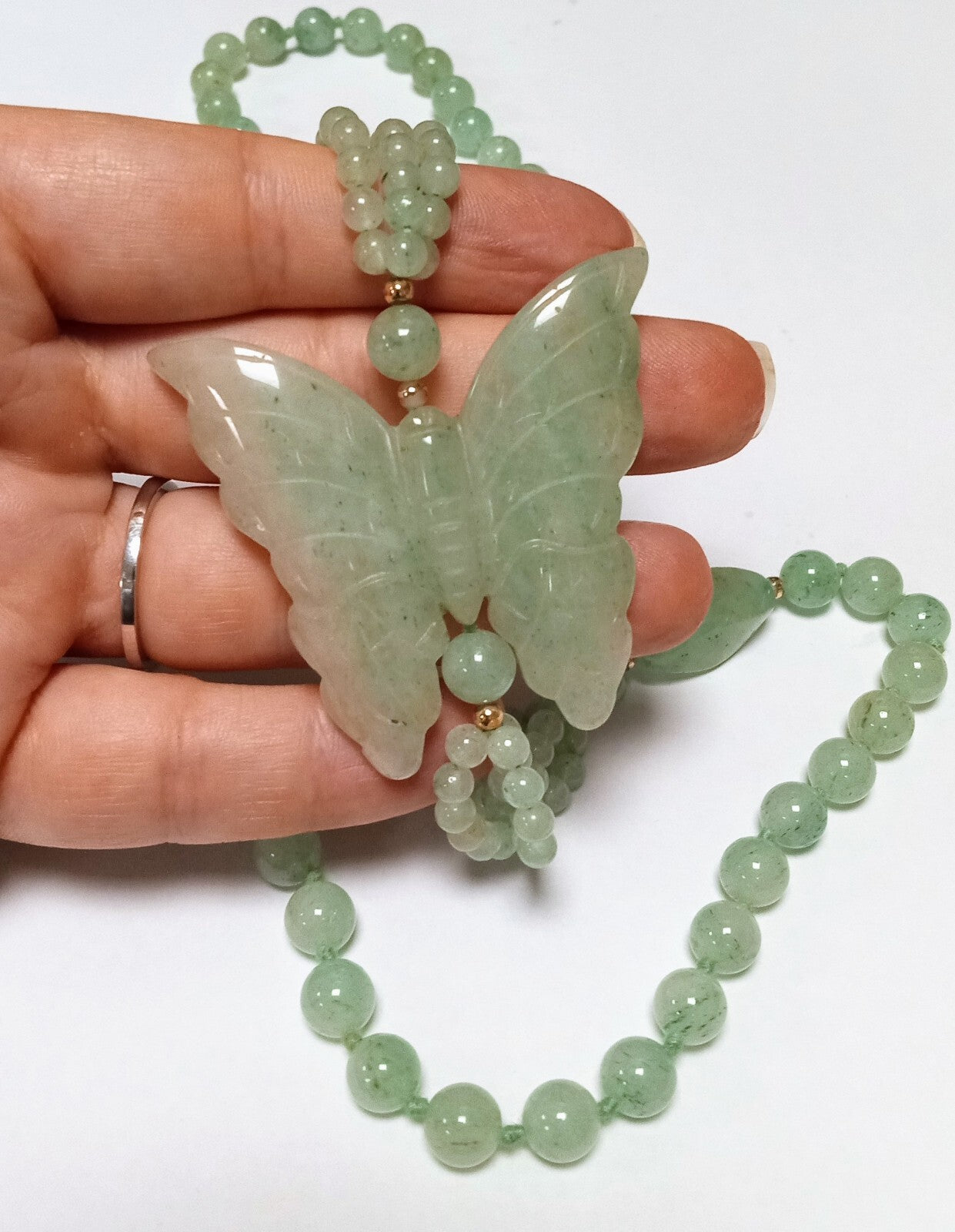 Vintage Jade Butterfly Necklace Celadon Green Beaded Asian  34”