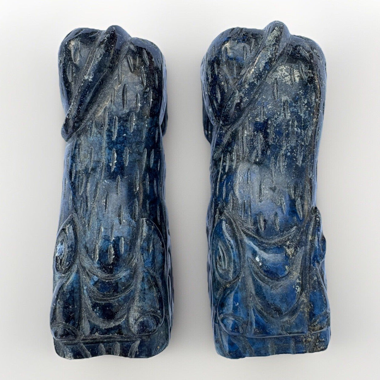 Set of Two Lapis Blue Hand Carved Foo Dogs Sculptures Vintage