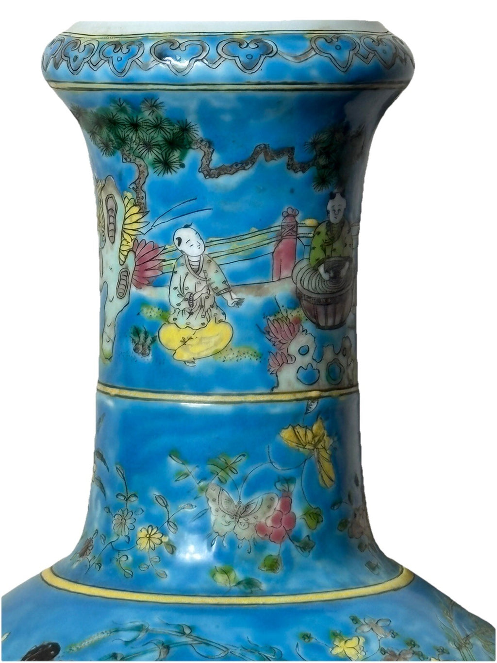 Large Chinese Famille Rose Turquoise Vase Boys at Play Qing Republic Era 16”