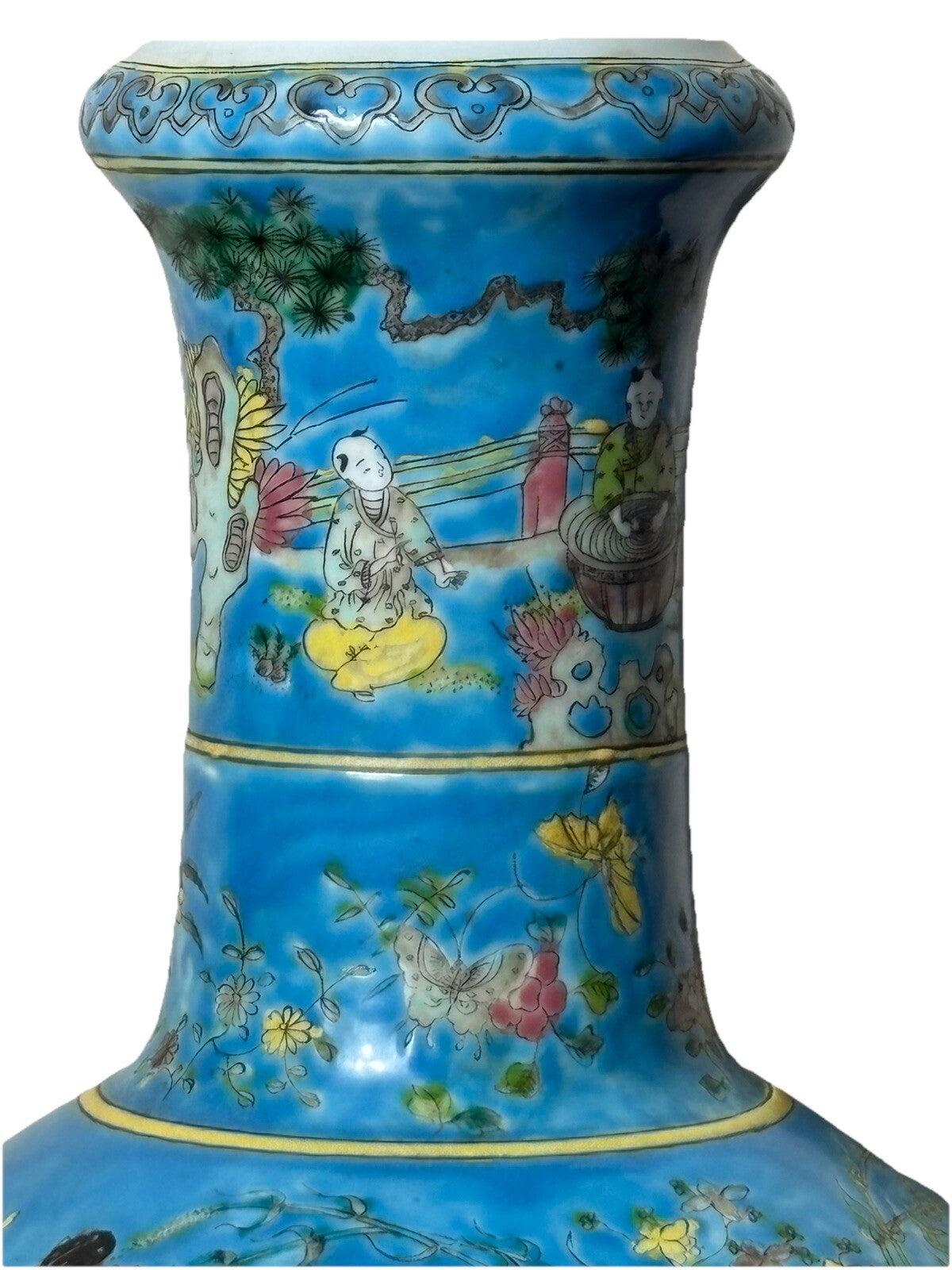Large Chinese Famille Rose Turquoise Vase Boys at Play Qing Republic Era 16”