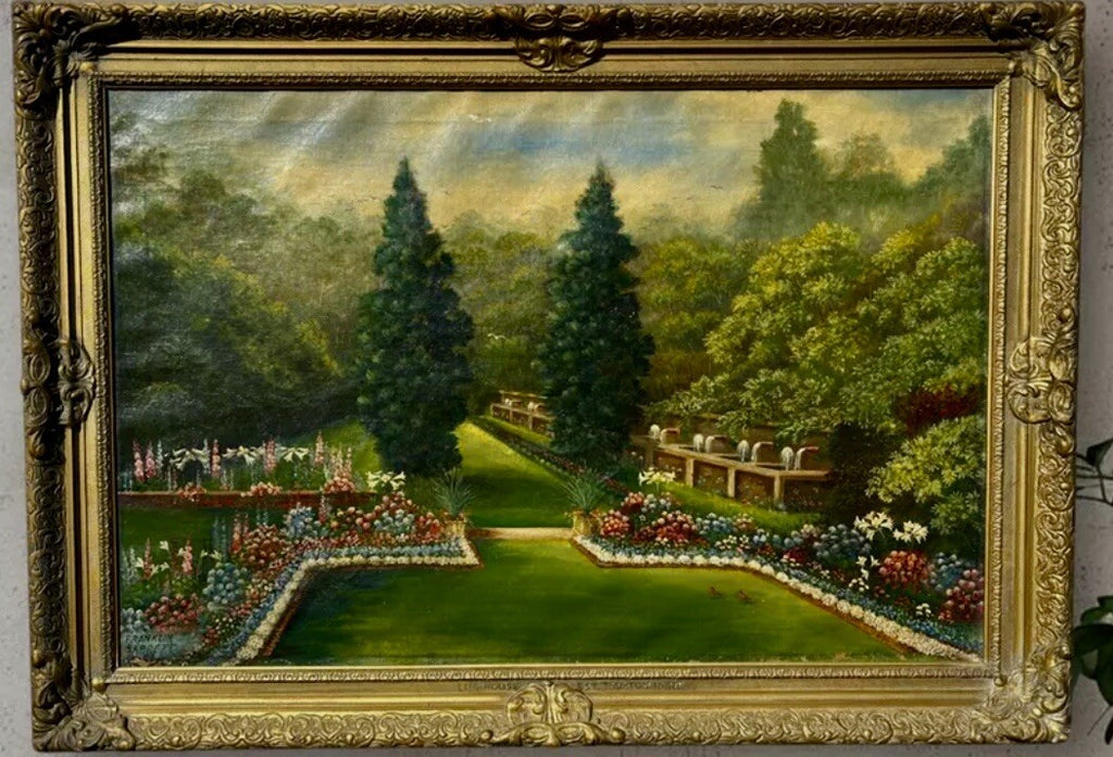 Franklin Barrett 1929 Original Oil Painting Garden Scene 42x30 Gilt Frame