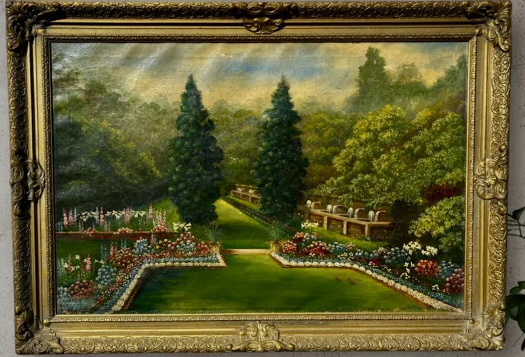 Franklin Barrett 1929 Original Oil Painting Garden Scene 42x30 Gilt Frame