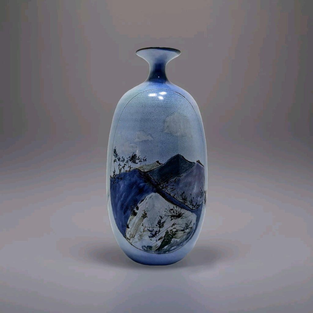 Vintage Japanese Blue Porcelain Vase Hand Painted Mountain Landscape Art Pottery